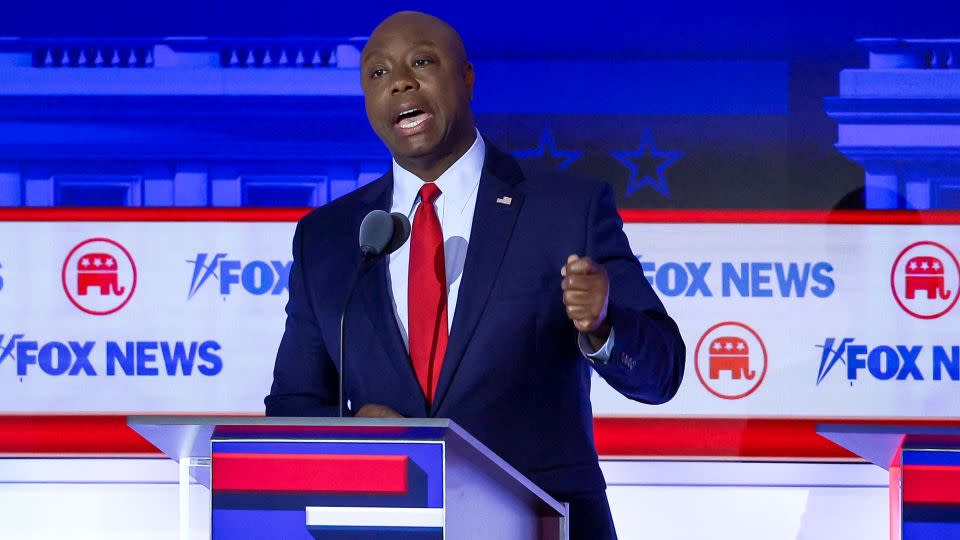 Scott speaks during the first 2024 Republican presidential debate in Milwaukee on August 23, 2023. - Brian Snyder/Reuters