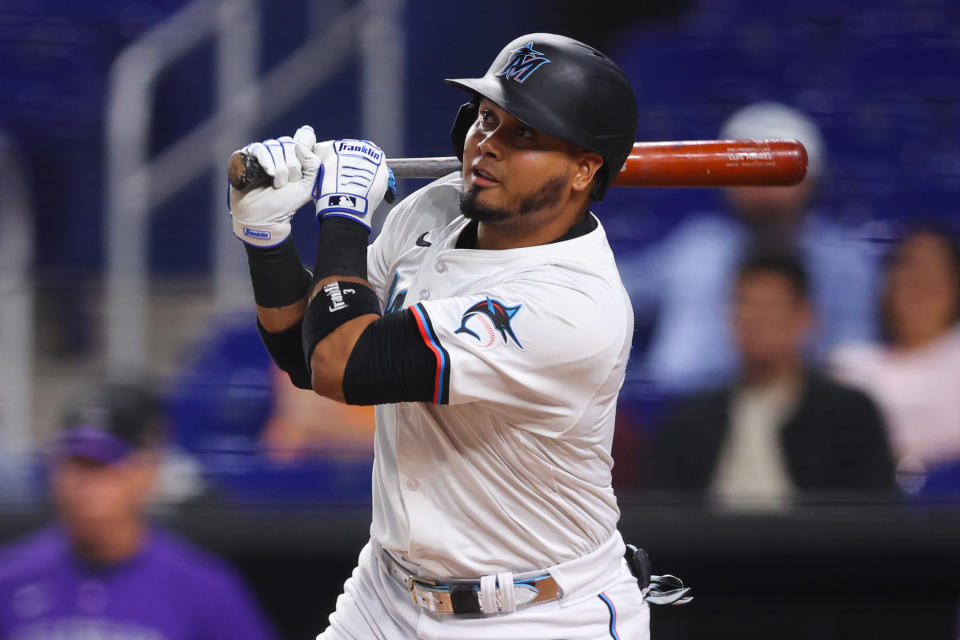 MIAMI, FLORIDA - APRIL 30: Luis Arraez #3 of the Miami Marlins at bat against the Colorado Rockies during the first inning of the game at loanDepot park on April 30, 2024 in Miami, Florida. (Photo by Megan Briggs/Getty Images)