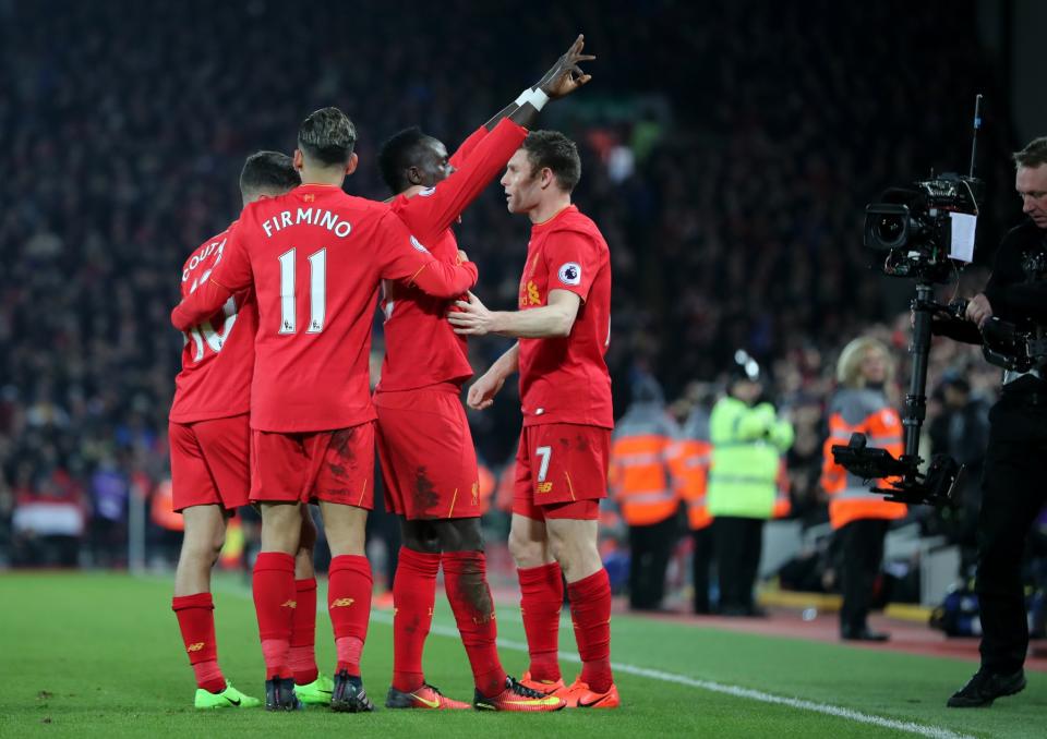 <p>Sadio Mane takes the plaudits after making it 1-0 to Liverpool</p>