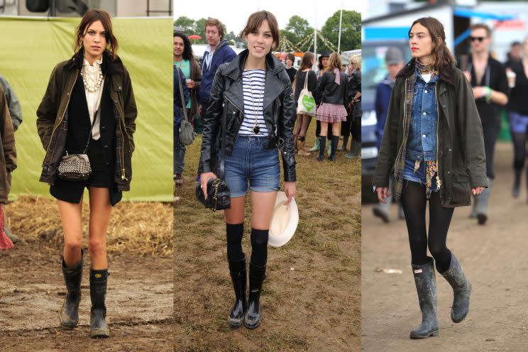 Die Britin Alexa Chung – Schlechtwetterexpertin – macht es vor. Hier ihre Festival-Styles mit Regen-Basics. (Bilder: ddp, WENN)