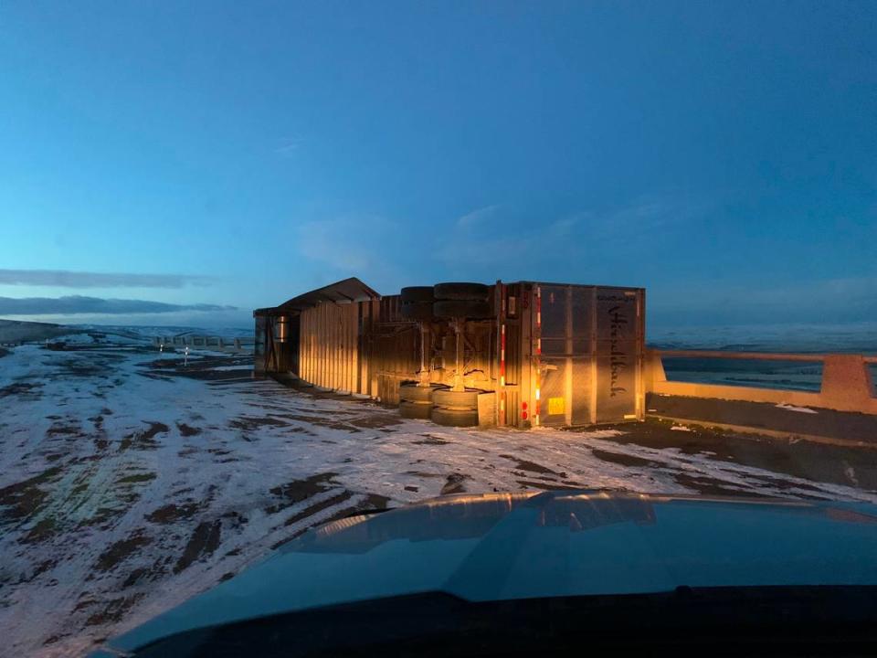 High winds blew over a semi truck on Interstate 84 near the viewpoint on Cabbage Hill east of Pendleton, Ore., early Monday morning.