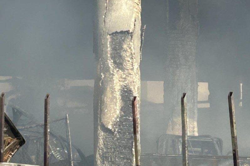 Engineers analyzed core samples taken from the interstate and the approximately 100 fire-damaged columns to determine that the interstate would not have to be torn down and could reopen to traffic in 3 to 5 weeks. Photo courtesy of California Department of Transportation