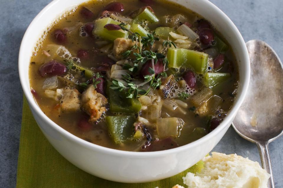 In this image taken on Jan. 28, 2013, Mardi Gras red beans and rice soup with andouille sausage is shown served in a bowl in Concord, N.H. (AP Photo/Matthew Mead)