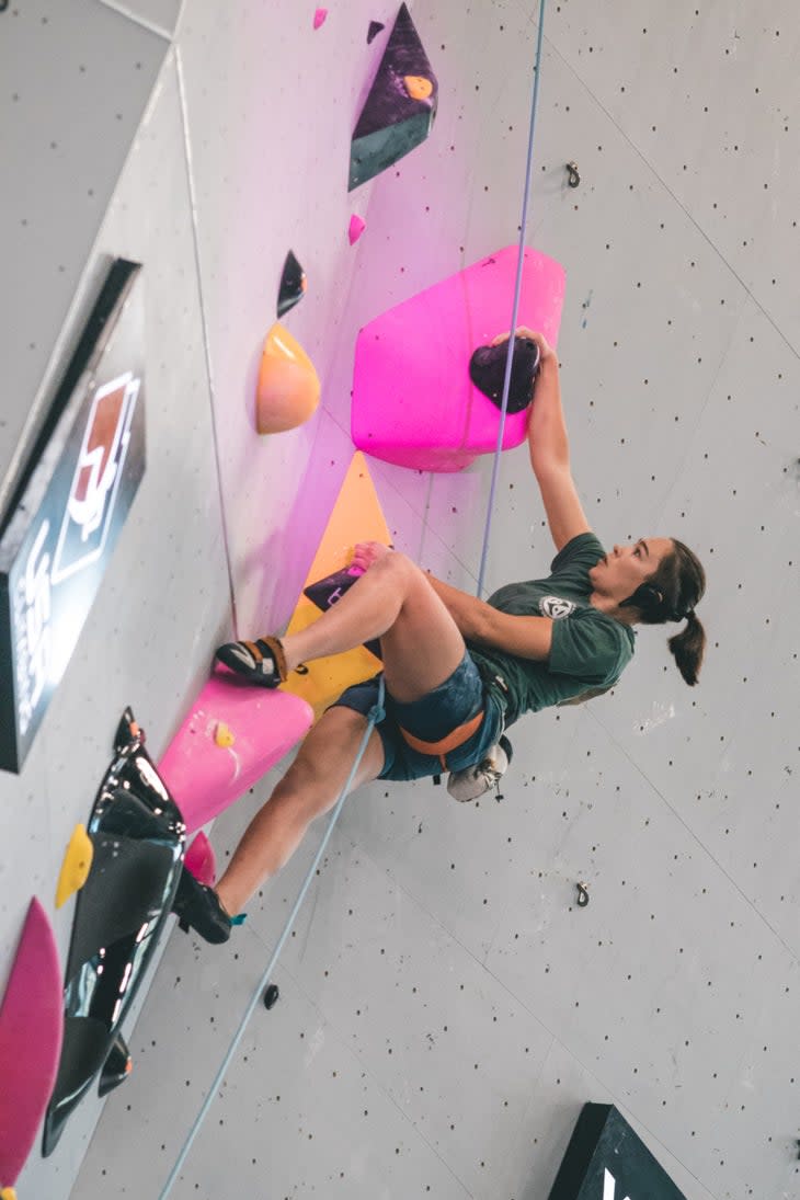 <span class="article__caption">Seneida Biendarra, competing in the B2 (moderate visual impairment) category, climbs confidently overhanging finals route as she listens carefully to her "caller" Nate Gable giving her verbal cues from the ground below. </span> (Photo: Kaartick Gupta)