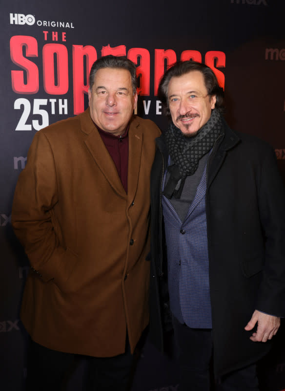 (L-R) Steve Schirripa and Federico Castelluccio attend HBO's "The Sopranos" 25th Anniversary Celebration on January 10, 2024 at Da Nico Ristorante in New York City. <p>Michael Loccisano/Getty Images</p>