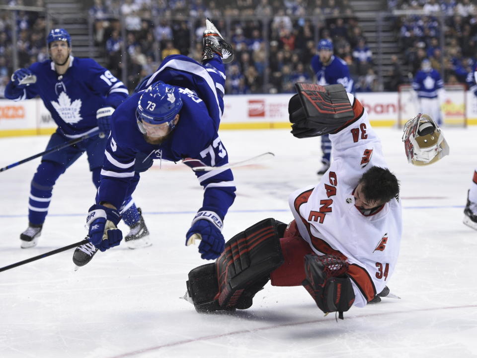 Carolina Hurricanes goaltender Petr Mrazek (34) hits the ice after Toronto Maple Leafs left wing Kyle Clifford (73) skated into him during second-period NHL hockey game action in Toronto, Saturday, Feb. 22, 2020. (Frank Gunn/The Canadian Press via AP)