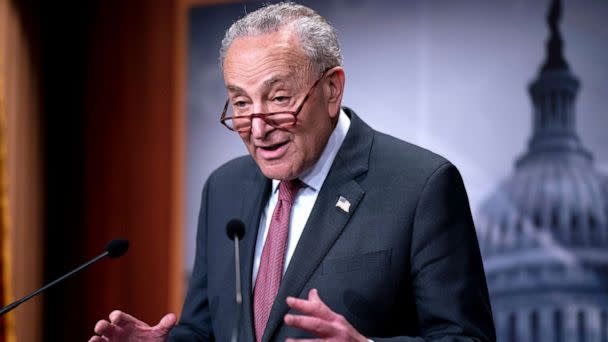 PHOTO: Senate Majority Leader Chuck Schumer meets with reporters at the Capitol in Washington, April 17, 2023. (J. Scott Applewhite/AP)