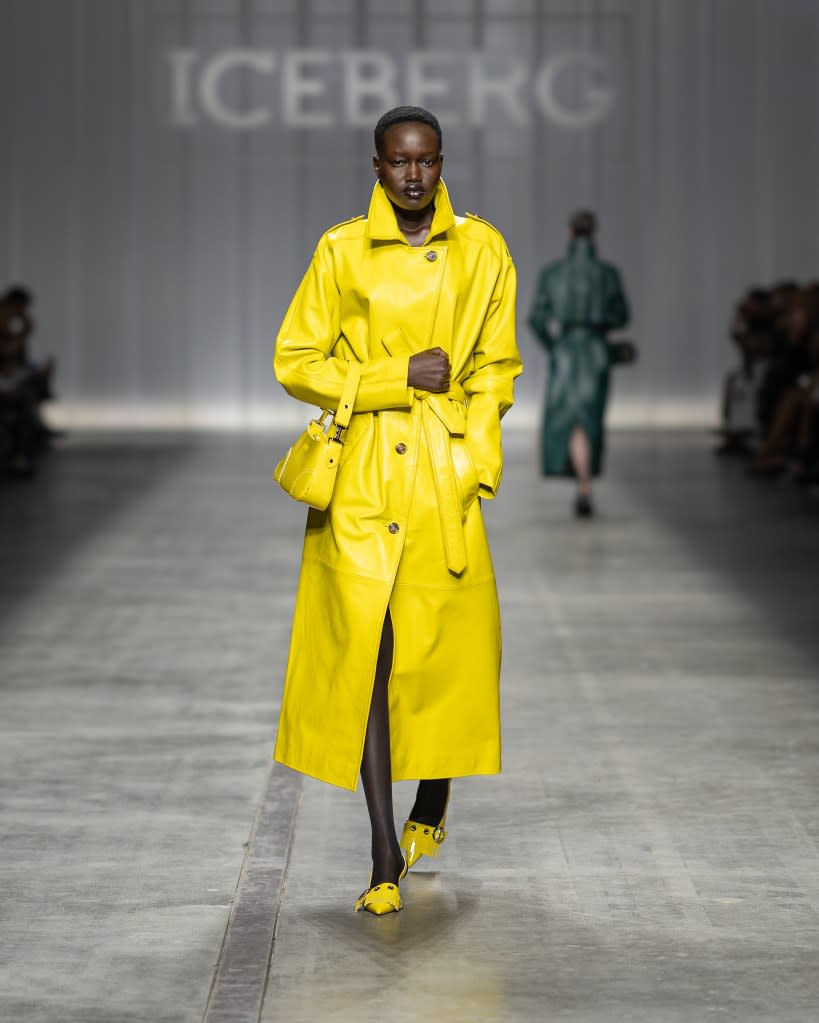 A model in a coat at the Iceberg fashion show. Getty Images