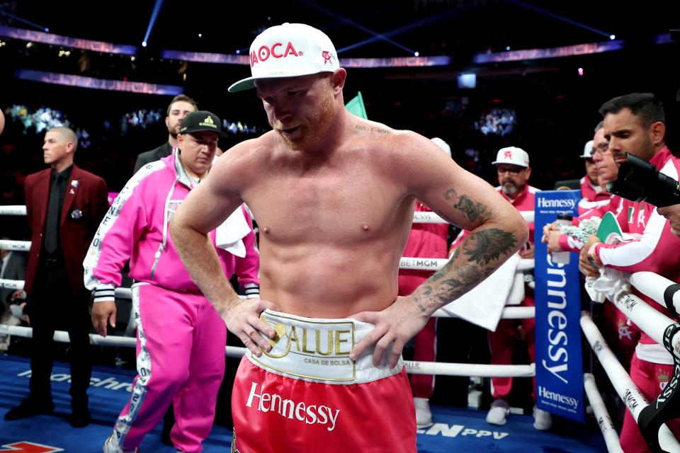 Canelo Alvarez after his fight against Dmitry Bivol at T-Mobile Arena.