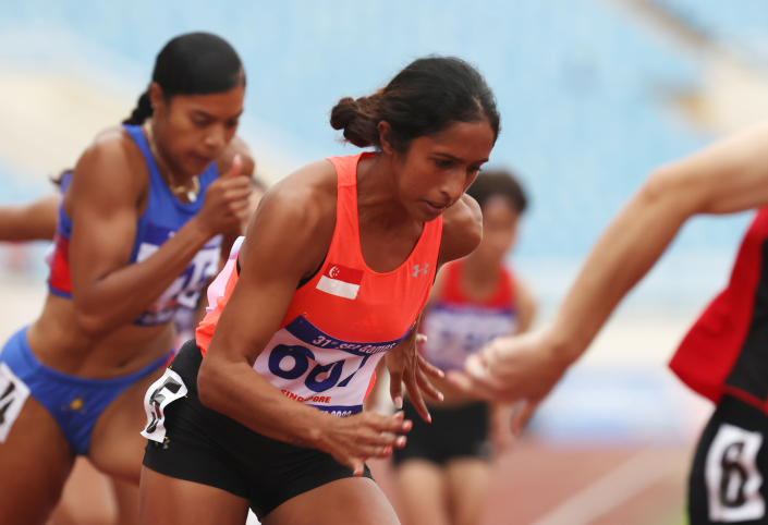 Singapore sprinter Shanti Pereira in the women's 200m final race at the Hanoi SEA Games. (PHOTO: Sport Singapore/ Jeremy Lee)