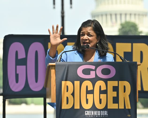 Rep. Pramila Jayapal (D-Wash.) speaks at Go Bigger on Climate, Care, and Justice! on July 20, 2021, in Washington, D.C. (Photo: Shannon Finney via Getty Images)