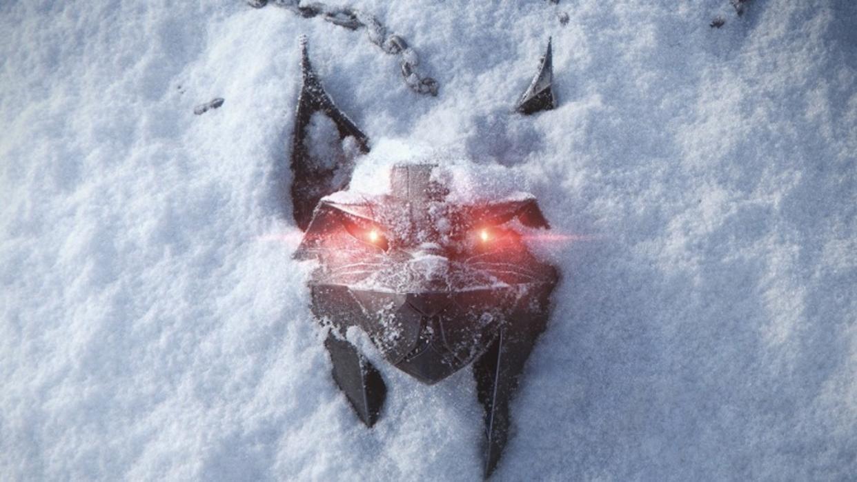  A lynx medallion partially covered in the snow, its red eyes glowing. 