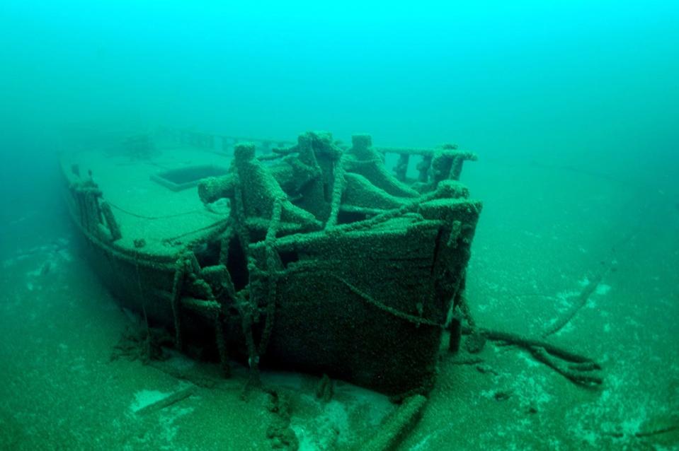 Collision damage can be seen on the side of the Home, which sank in Lake Michigan in 1858.