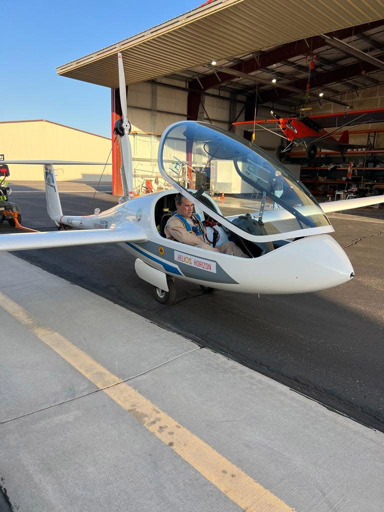 Sarasota-based test pilot and engineer Miguel Iturmendi sits in the Helios Horizon electric plane in Minden, Nevada. Iturmendi captured two world records last June when he piloted the Helios Horizon above the Sierra Nevadas near Lake Tahoe, Nevada.