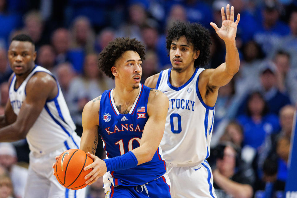 Jan 28, 2023; Lexington, Kentucky, USA; Kansas Jayhawks forward Jalen Wilson (10) looks to pass the ball during the second half against the Kentucky Wildcats at Rupp Arena at Central Bank Center. Mandatory Credit: Jordan Prather-USA TODAY Sports