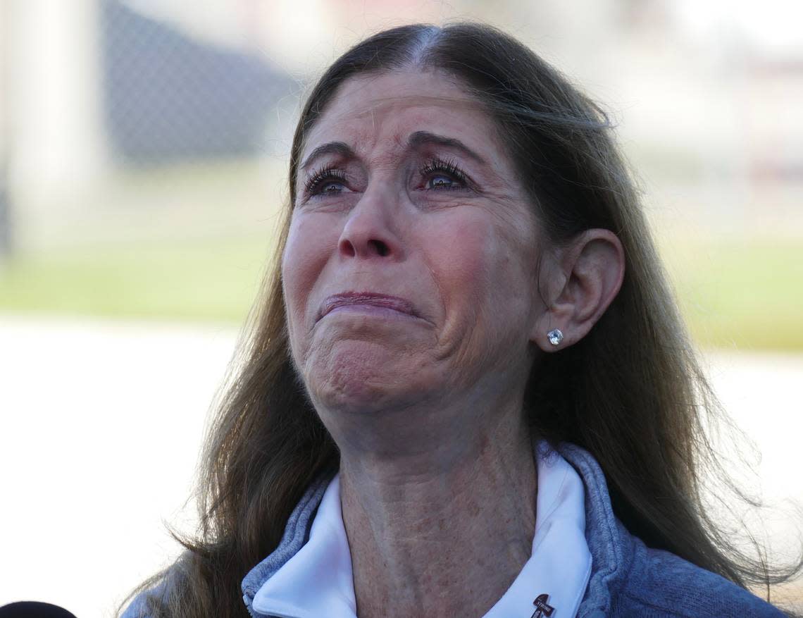 Scott Beigel’s mother, Linda Beigel Schulman, speaks emotionally to the media about her son, a geography teacher and cross country coach, who was murdered the year before at Marjory Stoneman Douglas High School along with 16 others.