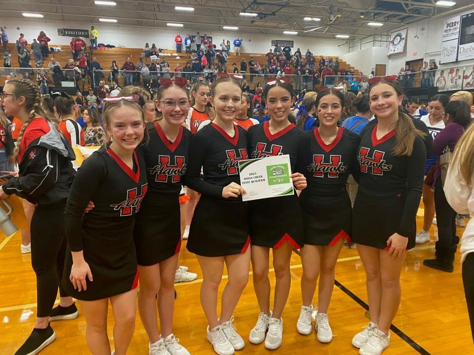 Your state-bound Hiland Cheer squad: (L-R) Ashlyn Troyer, Mikaela Wengerd, Riley Shaw, Itzelle Guzman, Alexa Guzman and Savanna Holley. Coached by Brooke Yoder and Callie Gerber.