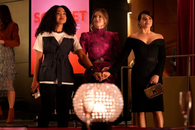 <em>Kat in a Junya Watanabe top, Sutton (Meghann Fahy) in an Alessandra Rich dress and an Alexis Kirk belt with Jane (Katie Stevens) in a Brock Collection dress from Fall 2020.</em>