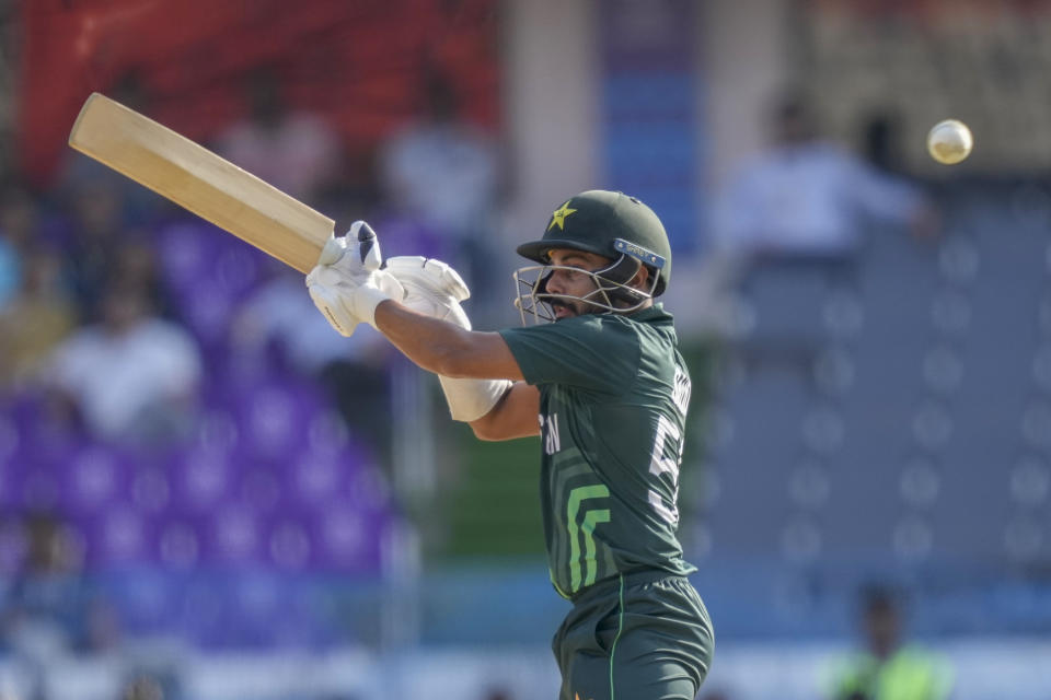 Pakistan's Saud Shakeel plays a shot during the ICC Men's Cricket World Cup match between Pakistan and Netherlands in Hyderabad, India, Friday, Oct. 6, 2023. (AP Photo/Eranga Jayawardena)