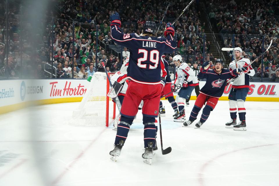 Columbus Blue Jackets left wing Patrik Laine (29) scores a goal during the third period of the NHL game between the Columbus Blue Jackets and the Washington Capitals at Nationwide Arena in Columbus, Ohio, on Thursday, March 17, 2022. 