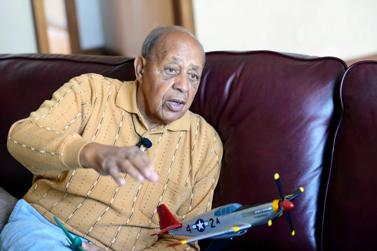 Harold Brown talks about his service with the Tuskegee Airmen during World War II, when he flew a P-51C Mustang. His life story is being told a new jazz narrative premiering June 30 at Lakeside's Hoover Auditorium.