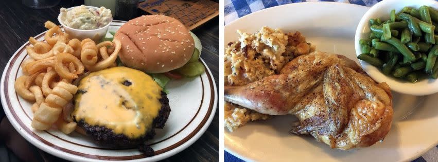 a burger, a plate of fried chicken