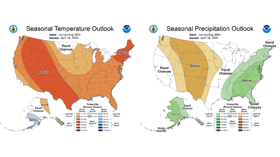 The Climate Prediction Center's current forecasts shows above-average temperatures and below-average precipitation for Montana from June through August. (Image via NOAA/Climate Prediction Center)