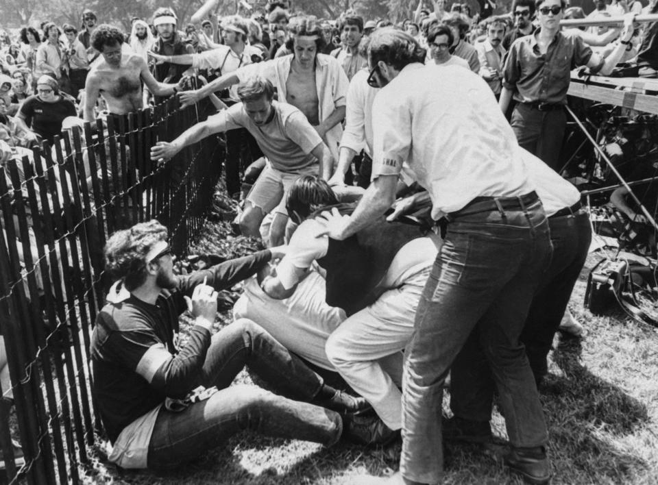 Protesters clash during a demonstration against the United States' involvement in the Vietnam War held in front of the White House in Washington on May 11, 1970 and following a shooting at Kent State University in Ohio on May 4, 1970, where four students were killed by police.