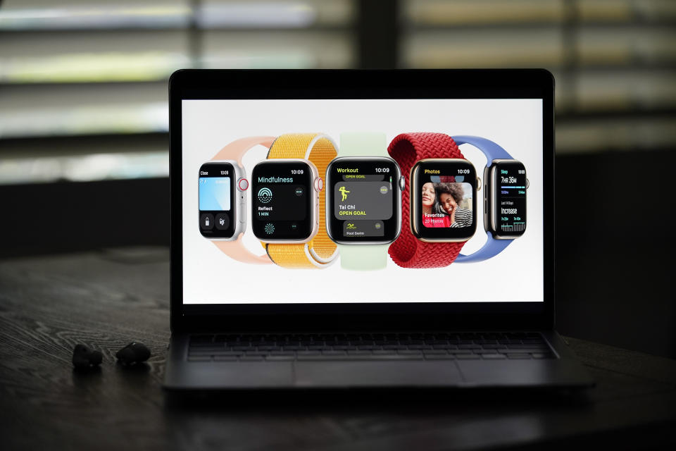 Seen on the screen of a device in La Habra, Calif., new Apple Watch Series 7 models are introduced during a virtual event held to announce new Apple products Tuesday, Sept. 14, 2021. (AP Photo/Jae C. Hong)