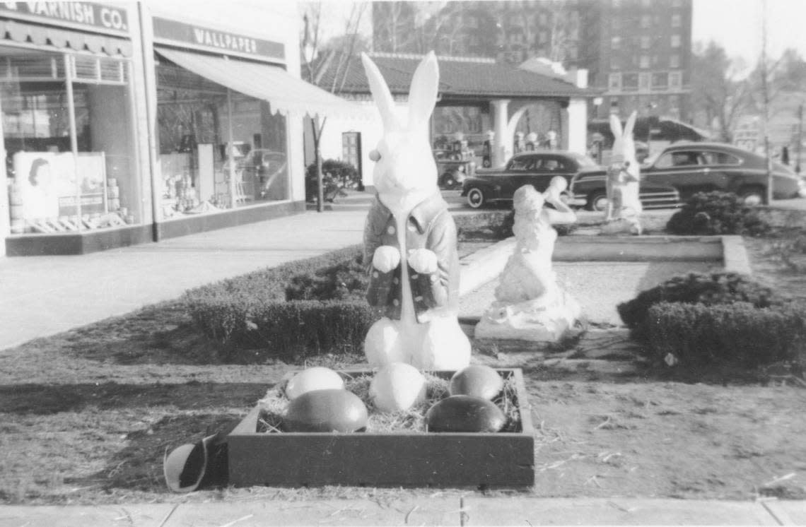 An Easter bunny surrounded by eggs in the bunnies’ first year on Country Club Plaza, 1931. The State Historical Society of Missouri