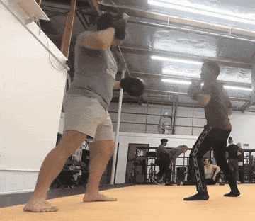 author boxing with stuntman