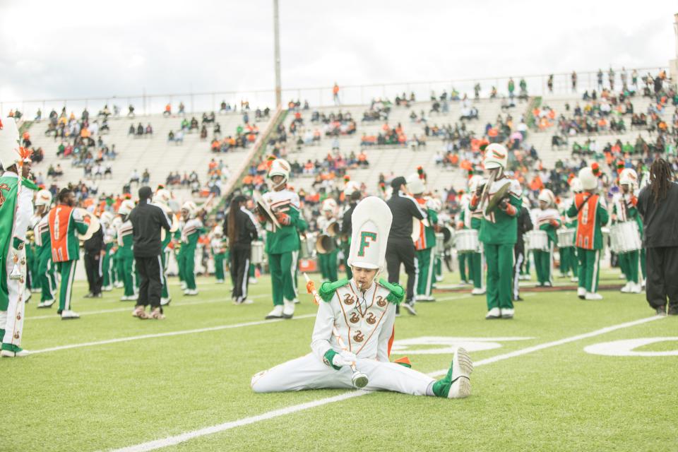 FAMU's Marching 100 performs before the 2021 Homecoming game.