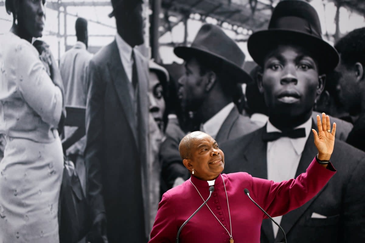 Bishop of Dover Rose Hudson-Wilkin gestures during the unveiling of the National Windrush Monument at Waterloo Station in June 2022 (Getty Images)