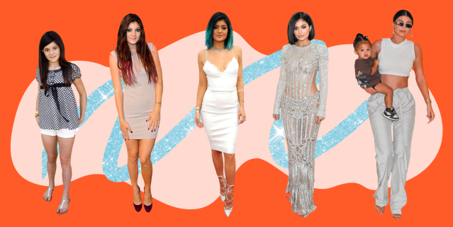 Who made Kylie Jenner's silver handbag, white sequin tee dress, and purple  thigh high boots?