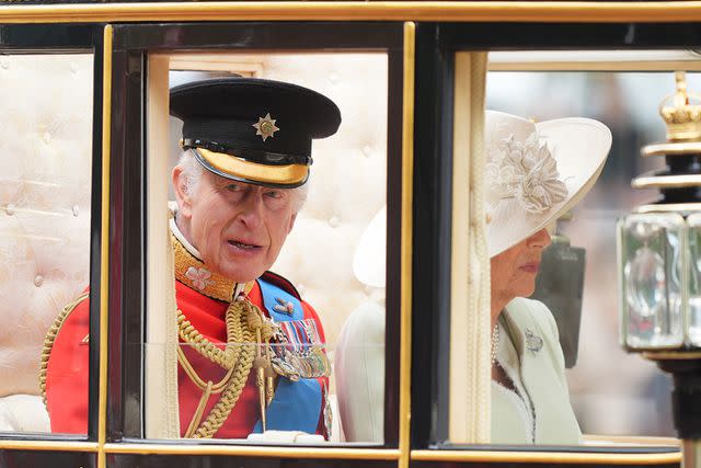 <p>James Manning/PA Images via Getty</p> King Charles and Queen Camilla arrive at Trooping the Colour on June 15, 2024