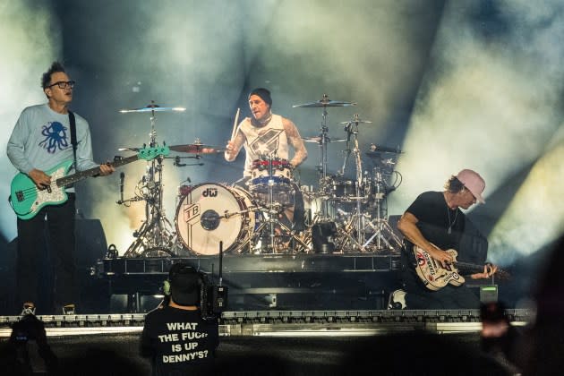 The heartwarmingly foul Blink-182: Mark Hoppus, Travis Barker, and Tom DeLonge (from left) - Credit: SACHA LECCA FOR ROLLING STONE