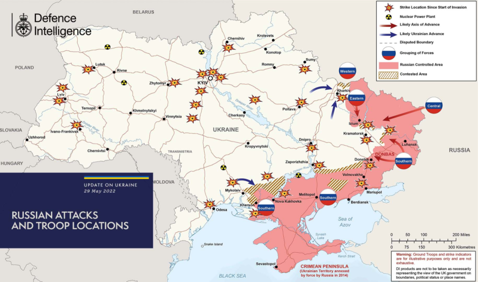 The map below Map shows UK's latest Defense Intelligence update on the situation in Ukraine - 29 May 2022 <span class="copyright">UK Ministry of Defense</span>