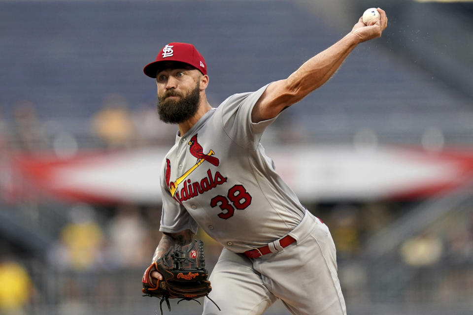 St. Louis Cardinals starting pitcher Drew Rom delivers against the Pittsburgh Pirates in the first inning of a baseball game in Pittsburgh, Monday, Aug. 21, 2023. (AP Photo/Matt Freed)