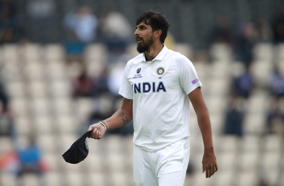 India's Ishant Sharma reacts after finishing bowling an over delivery during the fifth day of the World Test Championship final cricket match between New Zealand and India, at the Rose Bowl in Southampton, England, Tuesday, June 22, 2021. (AP Photo/Ian Walton)