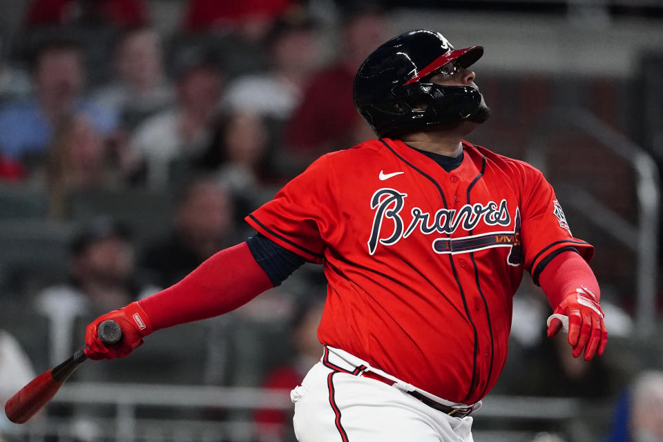 FILE - Atlanta Braves third baseman Pablo Sandoval (48) bats against the Philadelphia Phillies during a baseball game in Atlanta, in this Friday, May 7, 2021, file photo. The Cleveland Indians made their second significant trade in two days, sending outfielder Eddie Rosario to the Atlanta Braves for infielder Pablo Sandoval on Friday, July 30, 2021. (AP Photo/John Bazemore, File)