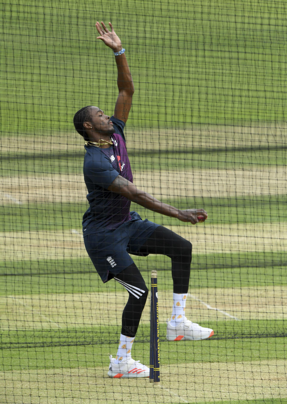 Jofra Archer of England bowls during a nets session at the Ageas Bowl in Southampton, England, Monday July 6, 2020. England are scheduled to play West Indies in their first Test match July 8 - 12. (Stu Forster/Agency Pool via AP)