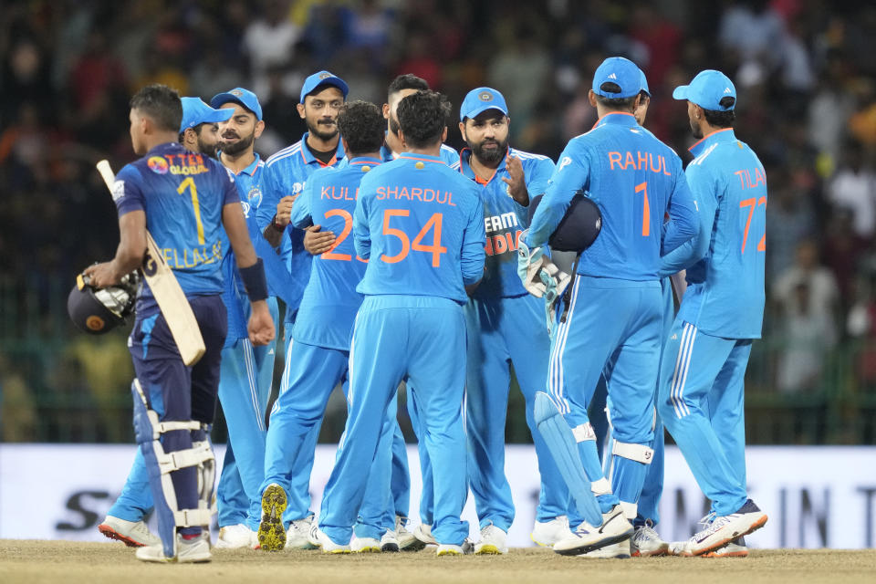 Indian team members celebrate their team's win over Sri Lanka by 41 runs in the Asia Cup cricket match between Sri Lanka and India in Colombo, Sri Lanka, Tuesday, Sept. 12, 2023. (AP Photo/Eranga Jayawardena)