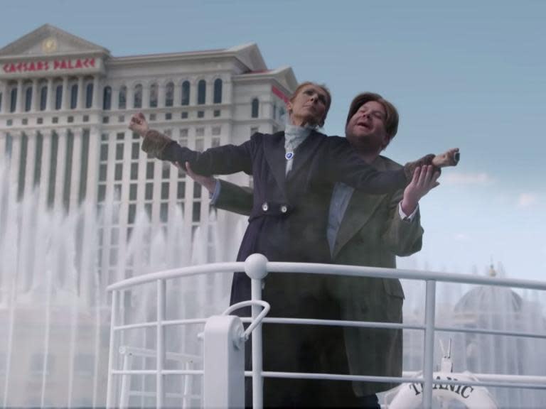 Celine Dion and James Corden recreated one of Titanic‘s most famous scenes in the latest Carpool Karaoke. The Canadian star joined Corden for a cruise around Las Vegas in his SUV, as they sang some of her biggest musical hits. “I just happen to have a day off once a year, and you called me on that day,” Dion said as she got into the car. When The Late Late Show host explained to Dion the song “Baby Shark”, since she’d never heard of the hit kids song, Dion responded with her own dramatic rendition – chest bumps included.Corden also convinced her to give away a few shoes – her collection contains thousands of pairs – before the duo took on Dion’s “My Heart Will Go On”, from 1997’s Titanic. However, the host thought an SUV wasn’t an epic enough location for the rendition, leading the pair to recreate the scene where Rose (Kate Winslet) and Jack (Leonardo DiCaprio) stand at the bow of the ship, albeit in the middle of the Bellagio lake during its fountain show. Dion ended the performance by dropping a replica of the Heart of the Ocean necklace into the water.