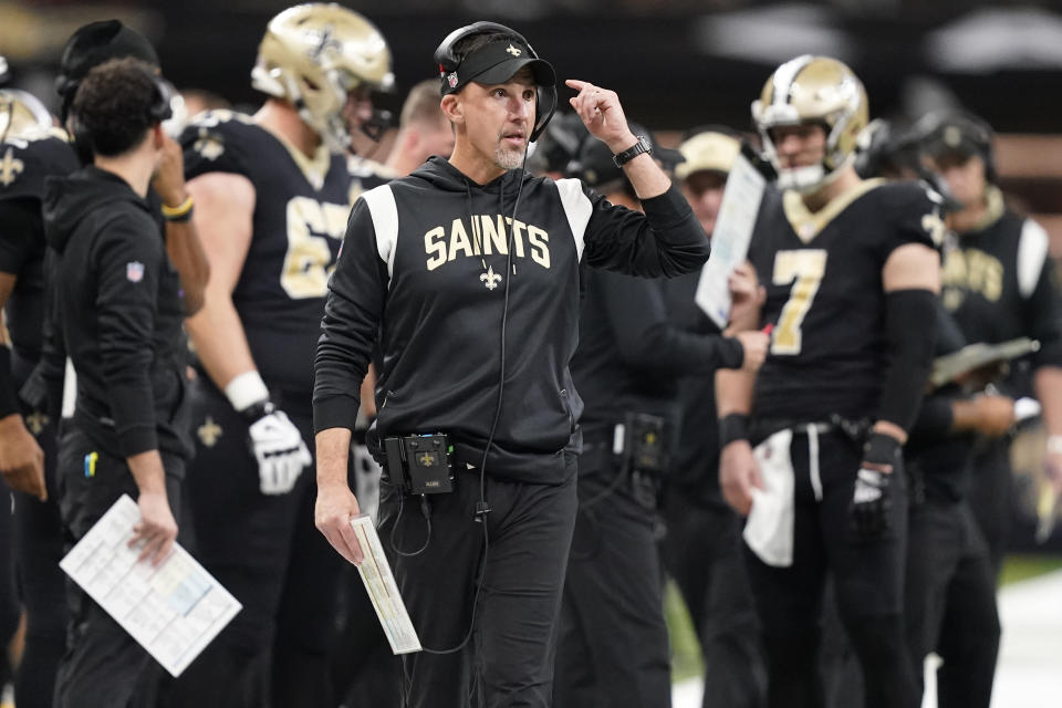 New Orleans Saints head coach Dennis Allen watches the action from the sidelines during the first half of an NFL football game against the Cincinnati Bengals in New Orleans, Sunday, Oct. 16, 2022. (AP Photo/Gerald Herbert)