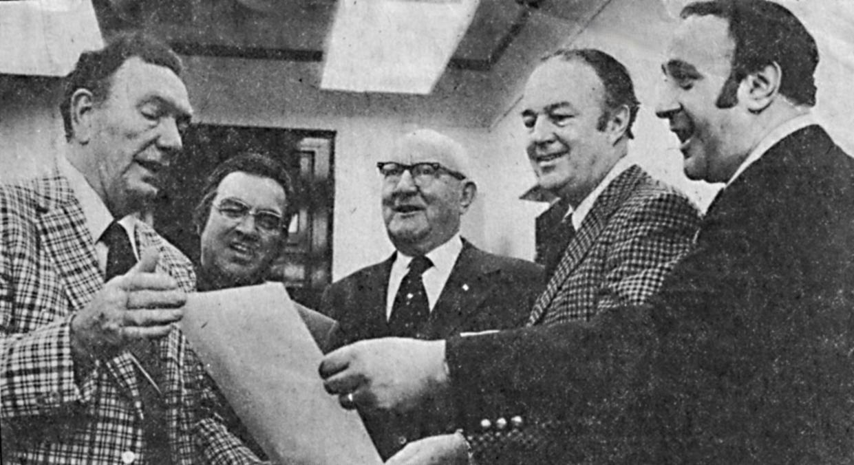 In 1975, Victor Perretta retired as executive secretary of the Utica Municipal Housing Authority. At a testimonial dinner wishing him well, five former mayors of Utica he had served under agreed to sing some of his favorite songs. From the left: Frank Dulan (mayor from 1960-67), Dominick Assaro (1968-71), Boyd E. Golder (1946-55), John McKennan (1956-59) and Michael Caruso (1972-73).