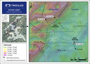 Plan Map of Testard Showing Structural Interpretation of Testard Drill Area with Detailed Airborne Magnetics Overlaid on Satellite Image