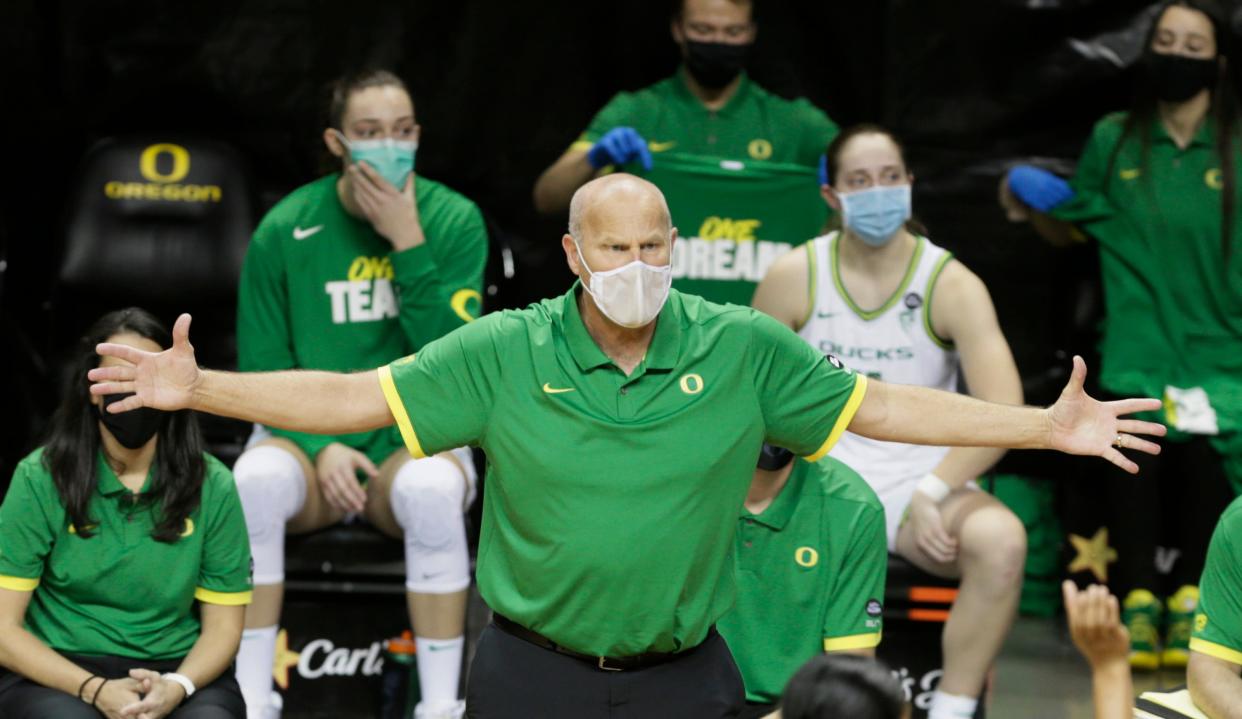 Oregon coach Kelly Graves calls to his team during the first half of their game against Seattle University Nov. 28, 2020.