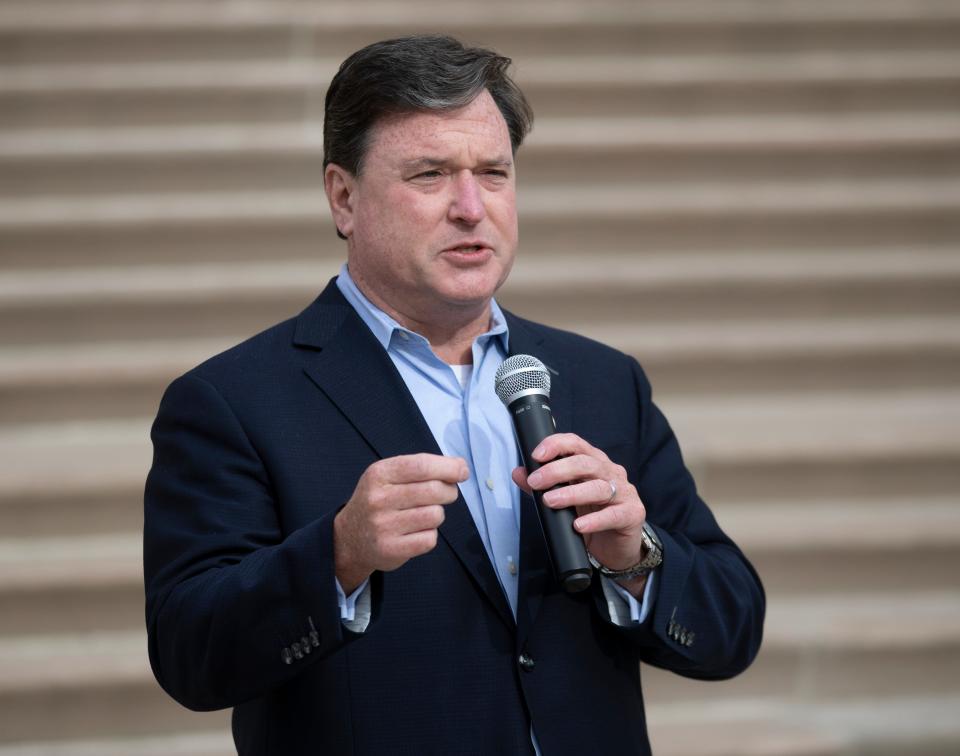 Indiana Attorney General Todd Rokita speaks to about 100 supporters at the Indiana Statehouse who are against government mask mandates, Tuesday, Nov. 16, 2021, during Organization Day. 