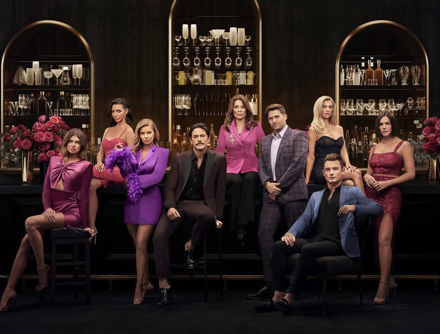 VANDERPUMP RULES -- Season:10 -- Pictured: (l-r) Raquel Leviss, Scheana Shay, Ariana Madix, Tom Sandoval, Lisa Vanderpump, Tom Schwartz, Lala Kent, James Kennedy, Katie Maloney -- (Photo by: Tommy Garcia/Bravo)