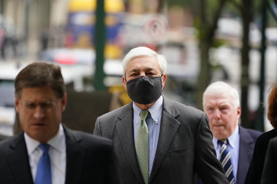 Former Penn State President Graham Spanier arrives for a hearing at the Dauphin County Courthouse in Harrisburg, Pa., Wednesday, May 26, 2021. (AP Photo/Matt Rourke)